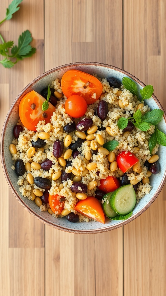 A colorful quinoa bowl with black beans, tomatoes, and cucumbers on a wooden surface.