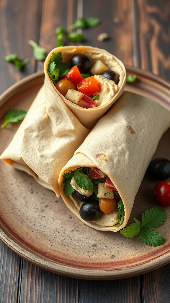Two Mediterranean wraps filled with vegetables and olives on a plate.
