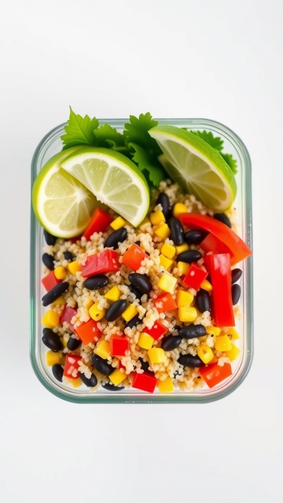 A vibrant quinoa salad medley with black beans, corn, and bell peppers in a meal prep container, garnished with lime slices and cilantro.