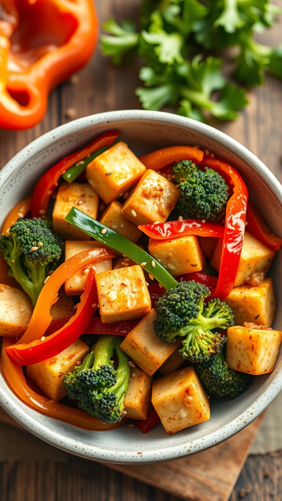 A colorful bowl of veggie stir-fry with tofu, bell peppers, and broccoli.