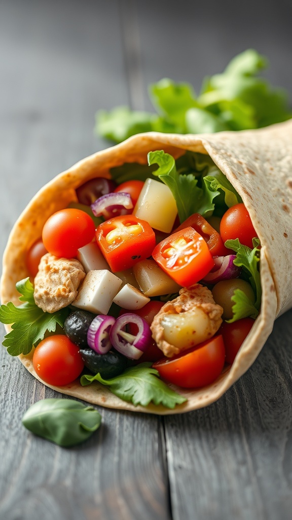 A colorful veggie wrap filled with cherry tomatoes, lettuce, olives, and red onion.