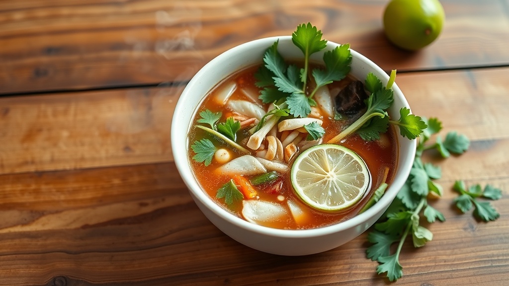 A bowl of Vietnamese Pho with fresh herbs and lime
