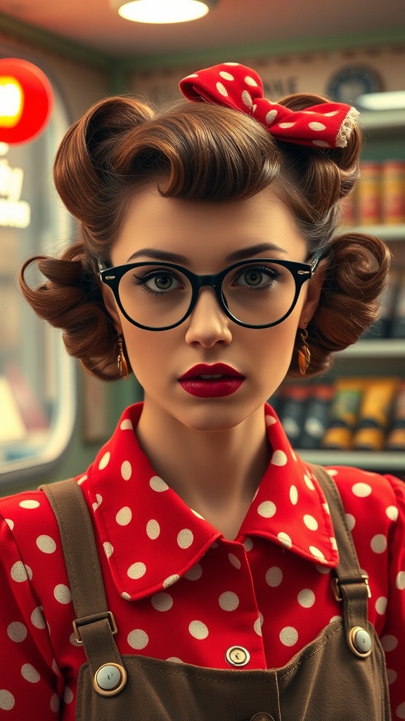 A woman with vintage pin curls wearing a red polka dot blouse and a matching bow.