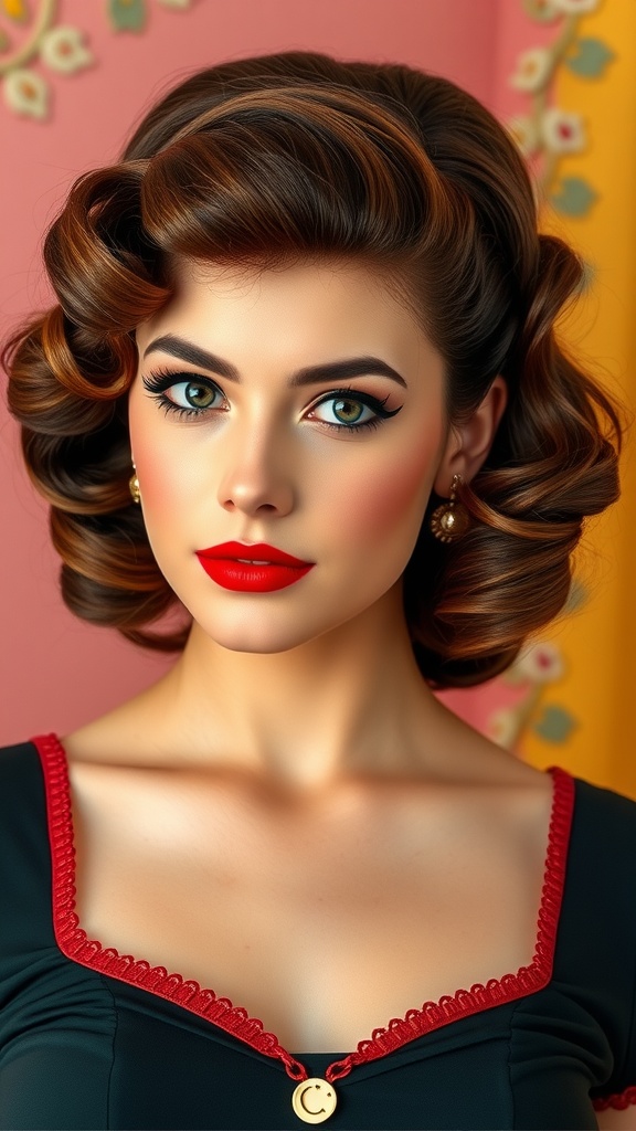 A woman with vintage pin-up waves hairstyle, wearing red lipstick and a stylish outfit.