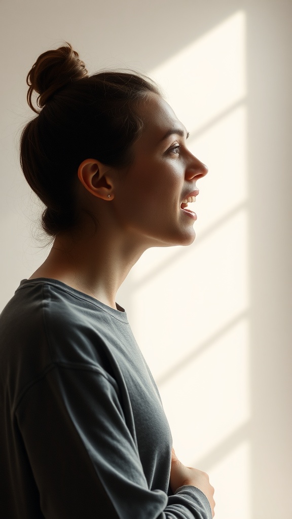 A young woman in profile, vocalizing sounds with light coming in from behind.