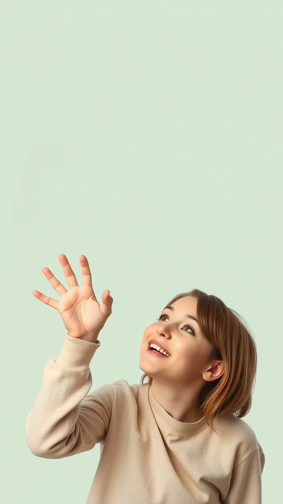 A person smiling and reaching out, practicing facial exercises.