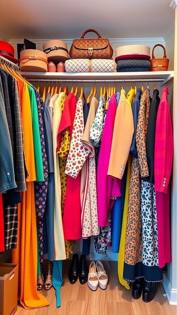 Colorful wardrobe with various clothing items and stylish shoes