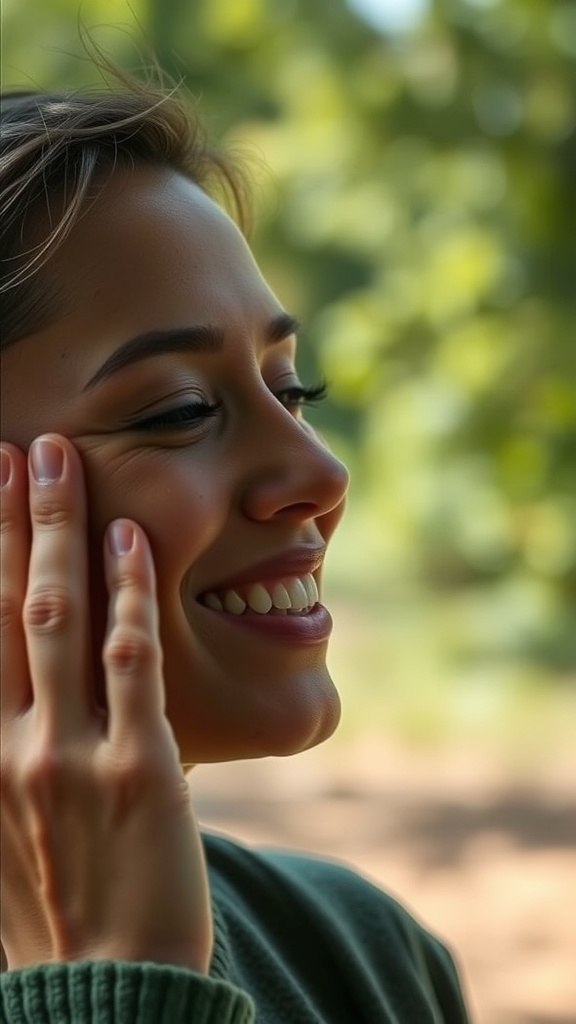A woman smiling while massaging her cheek outdoors in a natural setting.