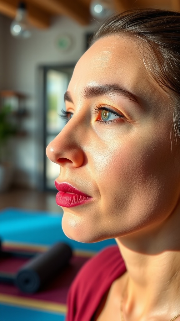 Profile view of a woman with a defined jawline and glowing skin, preparing for face yoga