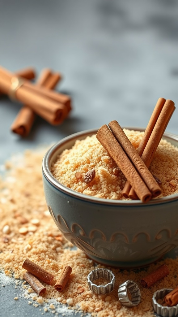 A bowl of warm cinnamon sugar mix with cinnamon sticks scattered around.