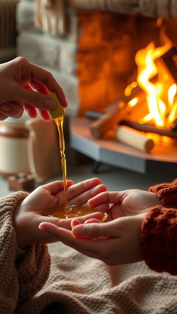 Hands pouring warm oil into another hand over a cozy fireplace setting.