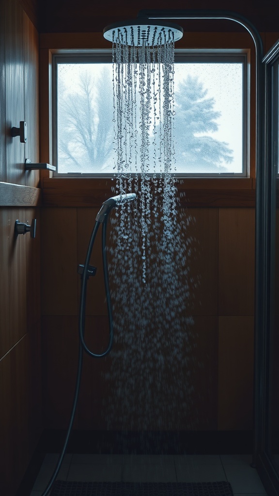 A cozy bathroom shower with water flowing down, surrounded by a frosty window.