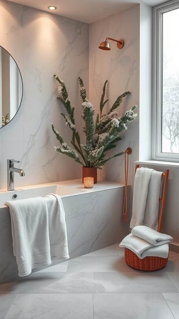A serene bathroom with a bathtub, soft towels, and a plant, creating a calming atmosphere for a warm water cleansing ritual.