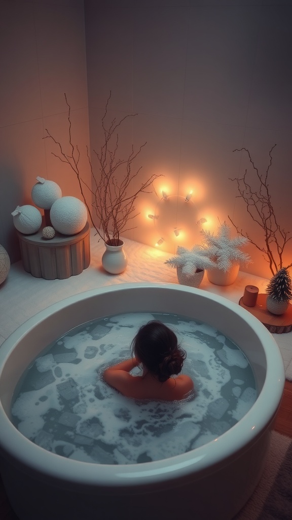 A cozy bathroom scene featuring a person in a bubble bath with warm lighting and festive decorations.