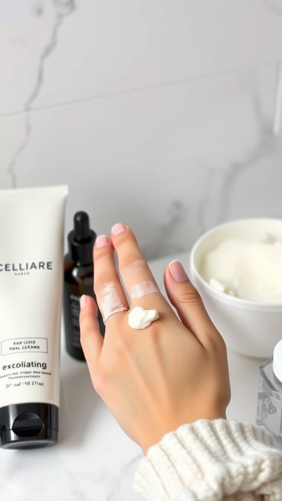 A hand applying exfoliating cream with skincare products in the background.