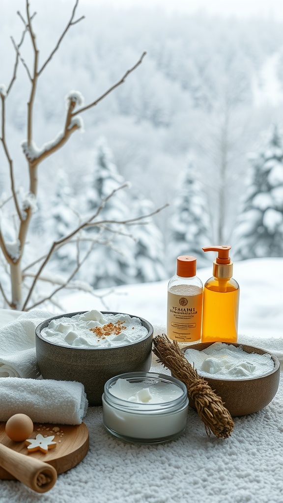 Cozy skincare setup with exfoliating scrubs and oils for winter care