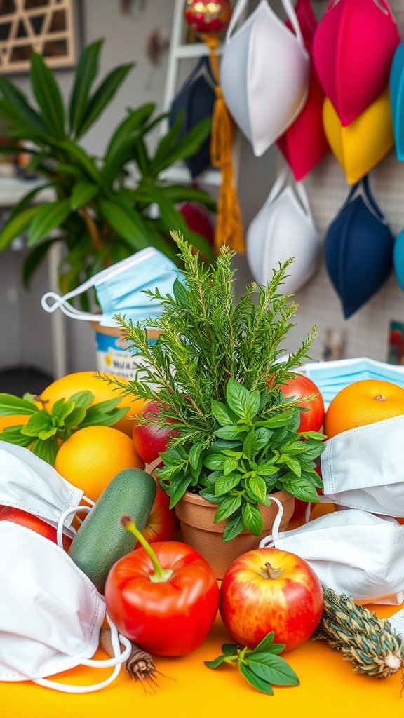 An array of colorful fruits and herbs with face masks, symbolizing natural skincare.