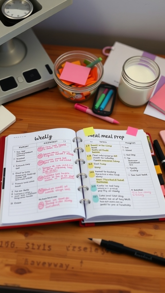 A weekly meal prep planner with colorful notes and a variety of writing tools, showcasing an organized approach to meal preparation.
