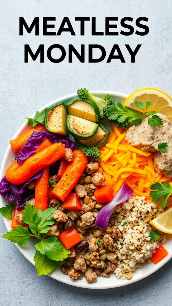 A colorful vegetarian meal with roasted vegetables and lentils.