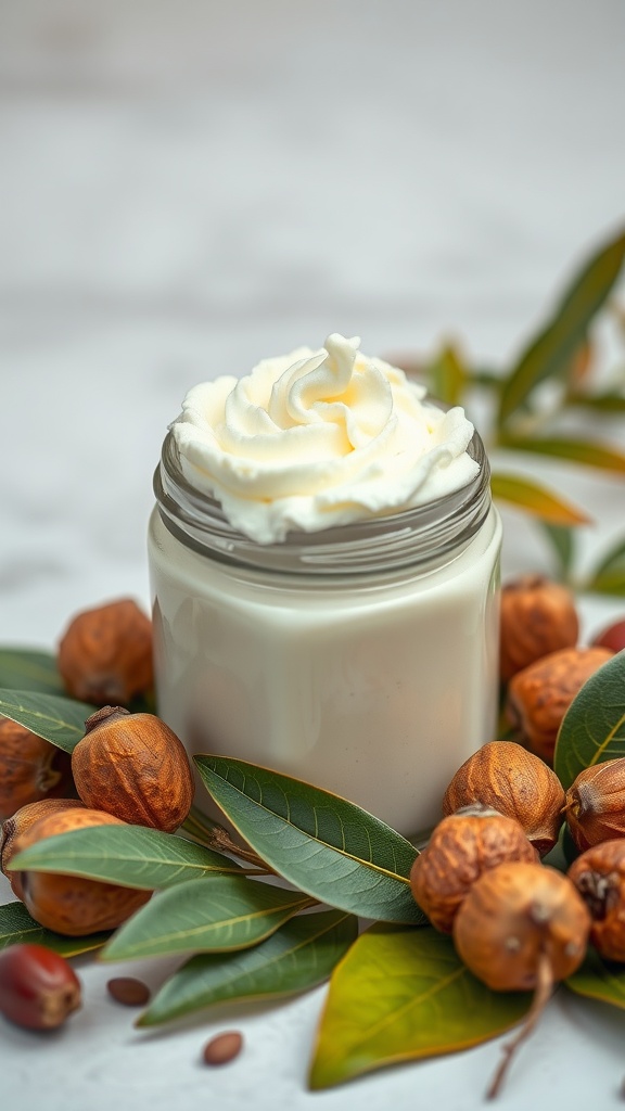 A jar of whipped shea butter moisturizer surrounded by dried nuts and green leaves.