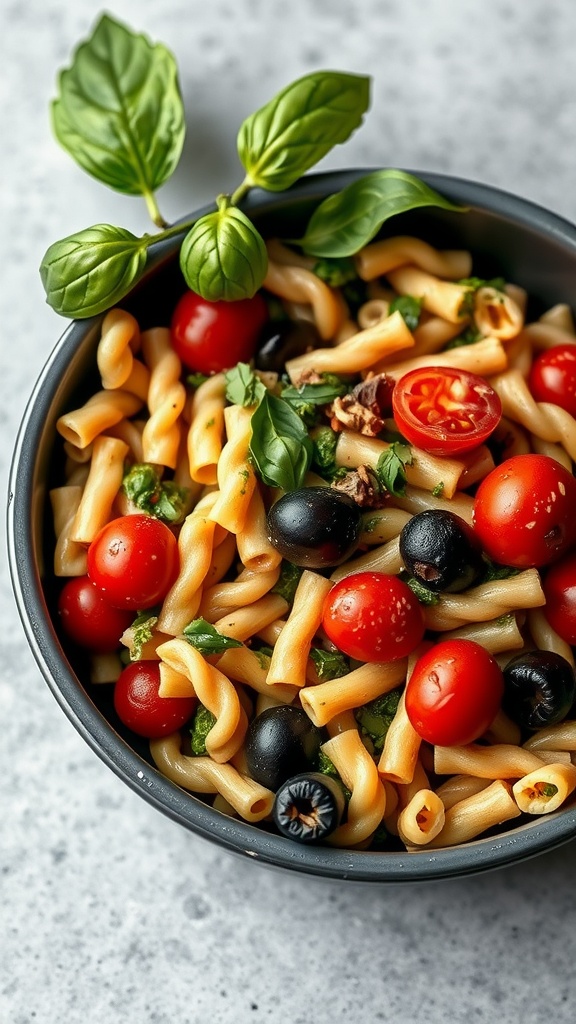 A bowl of whole grain pasta salad with pesto, cherry tomatoes, and olives