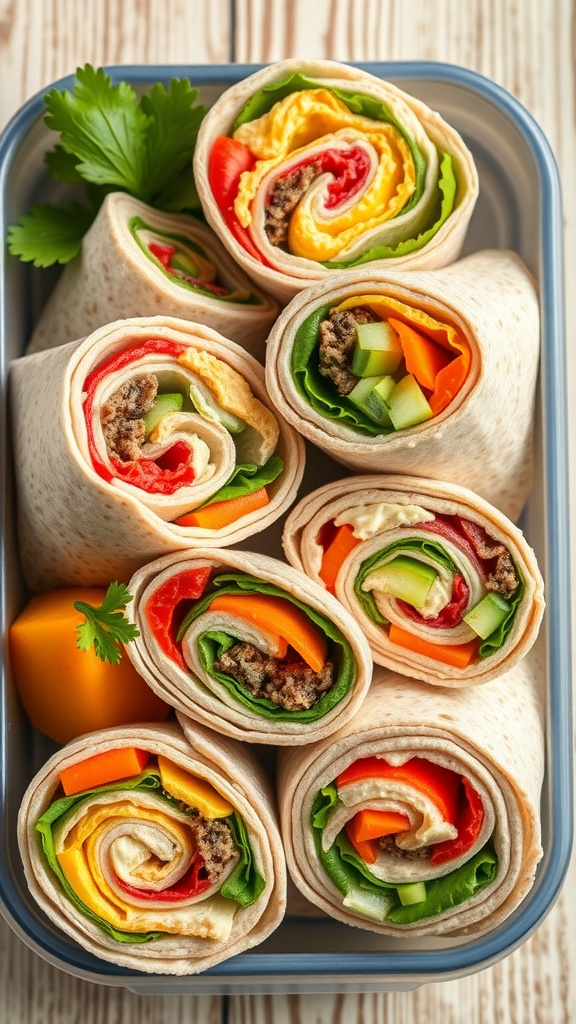 Colorful whole grain wraps filled with fresh vegetables and creamy spreads, neatly arranged in a lunchbox.