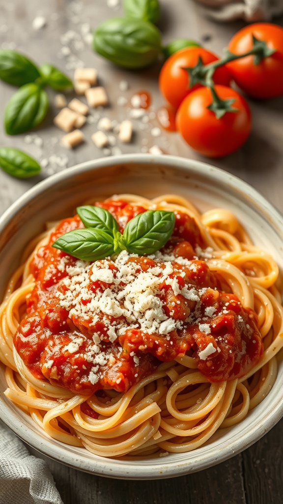 A bowl of whole wheat pasta topped with tomato basil sauce and garnished with fresh basil leaves.