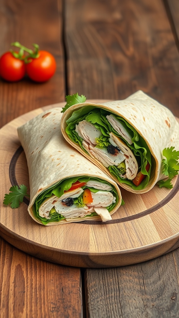 Whole wheat turkey wraps with veggies on a wooden cutting board