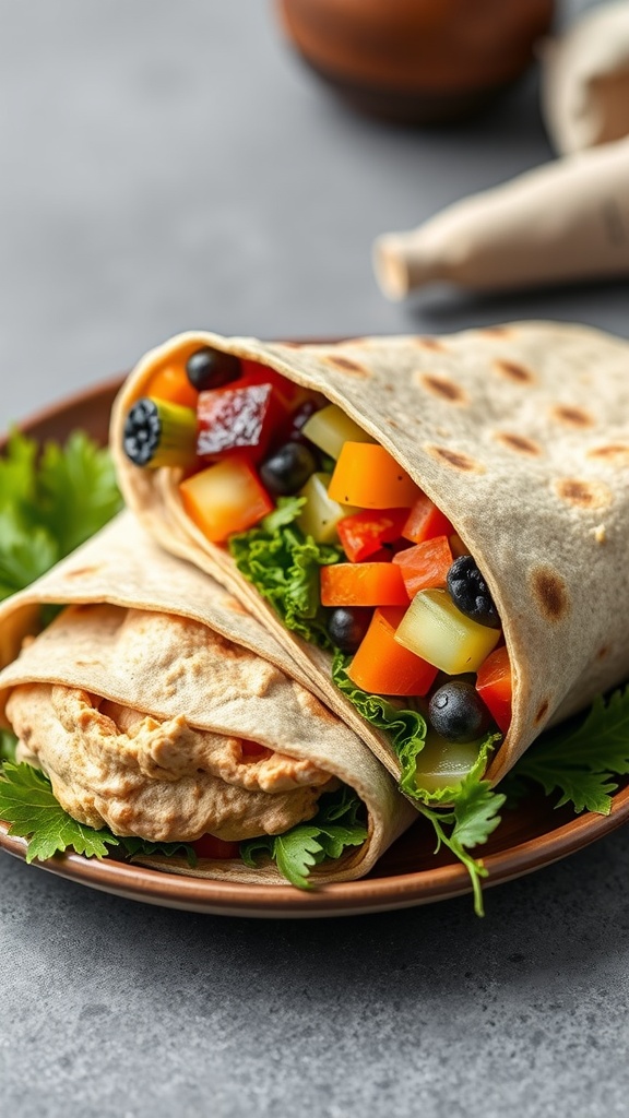A whole wheat wrap filled with hummus and colorful vegetables.