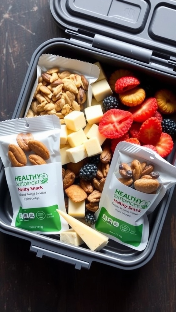 A healthy snack pack containing mixed berries, cheese cubes, nuts, and snack bars.