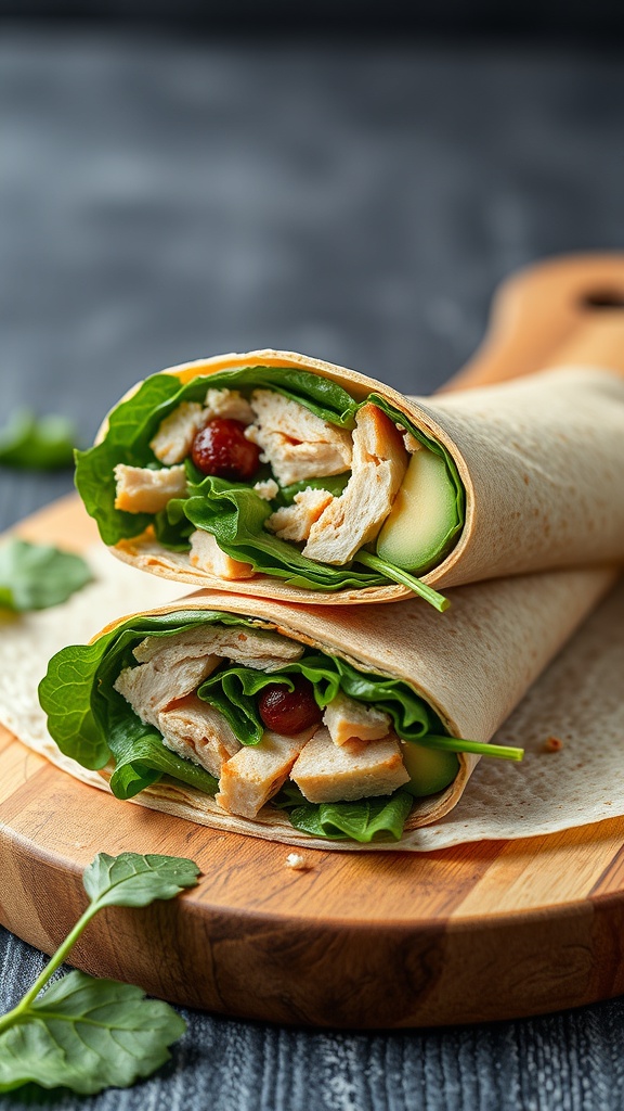 Two wholesome wraps filled with chicken, spinach, and cranberries, placed on a wooden board.