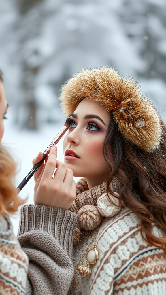 Two friends applying makeup outdoors in a snowy setting