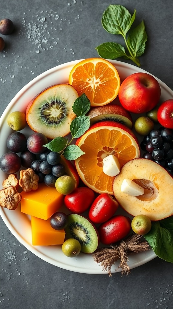 A vibrant plate filled with various fruits such as oranges, apples, kiwis, and berries, surrounded by mint leaves.