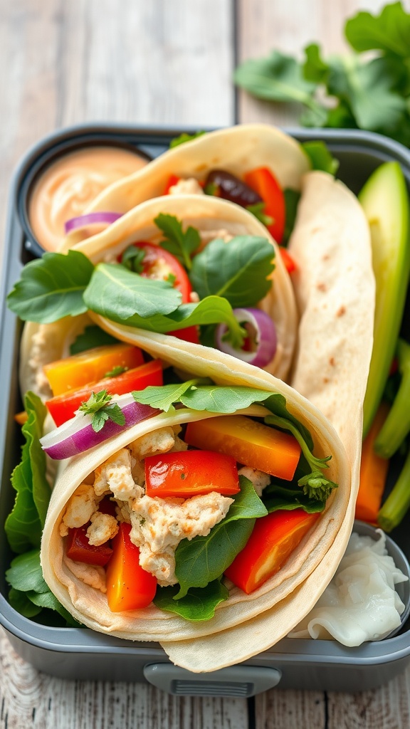 Hummus and veggie wrap with various fresh vegetables