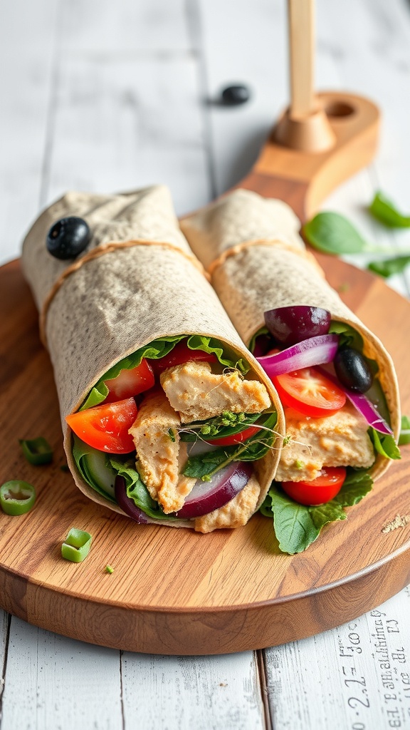 Two wraps filled with hummus and fresh vegetables on a wooden board.