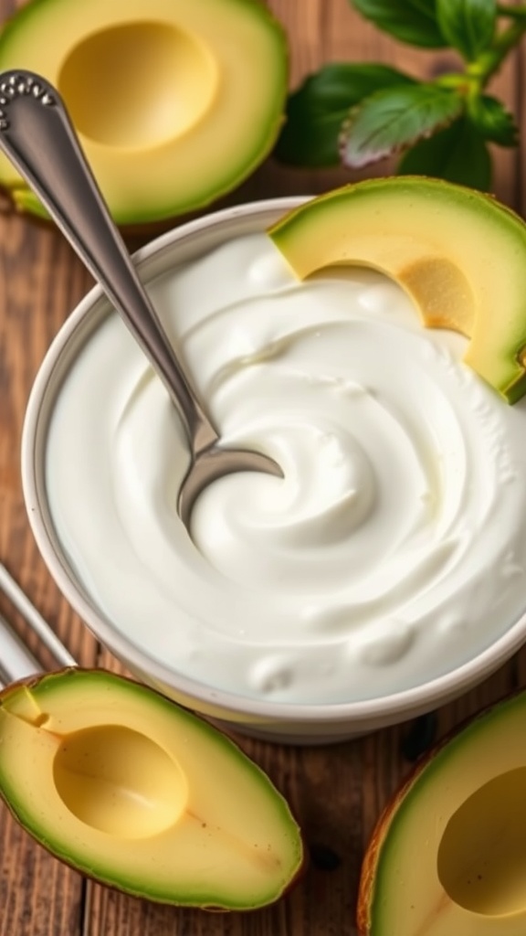 A bowl of creamy yogurt with sliced avocado on the side