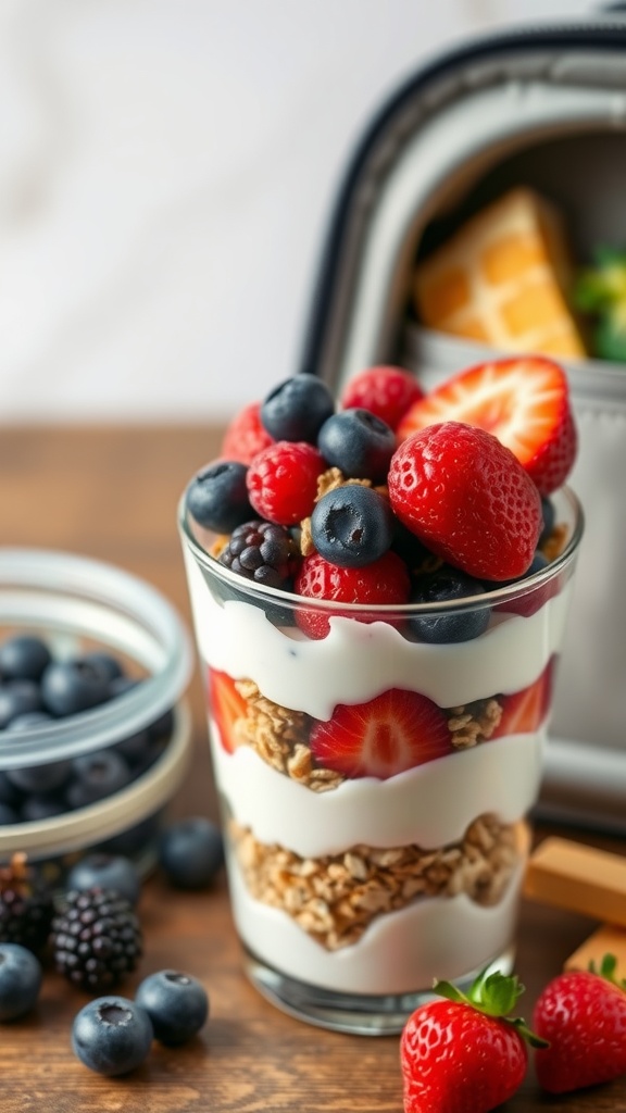 A delicious yogurt parfait cup layered with yogurt, granola, and fresh berries.