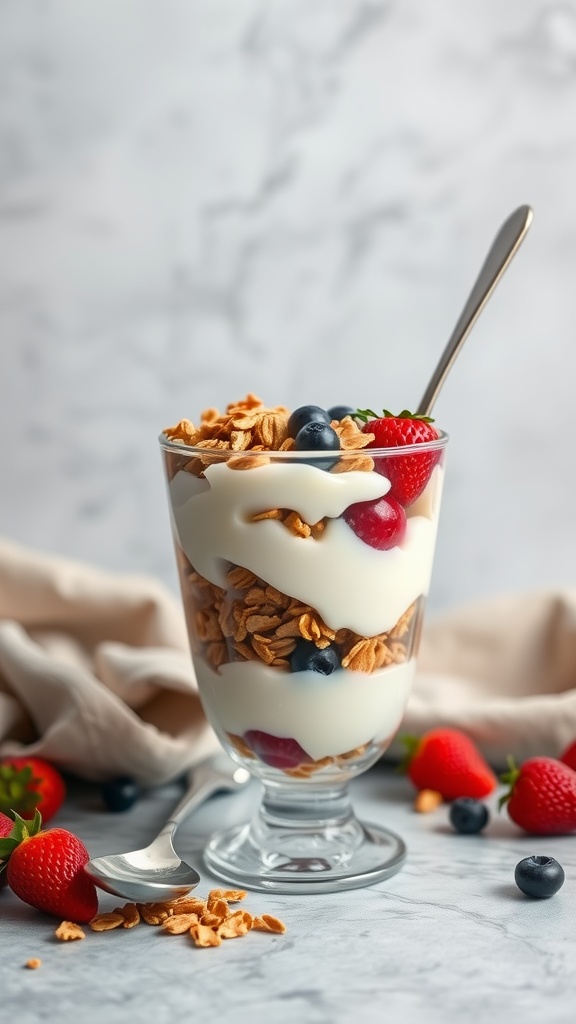 A delicious yogurt parfait with granola and mixed berries in a glass.