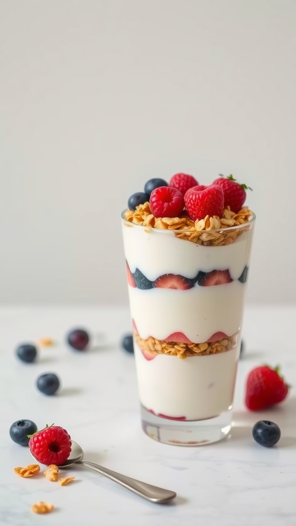A delicious yogurt parfait with layers of yogurt, granola, and fresh berries.