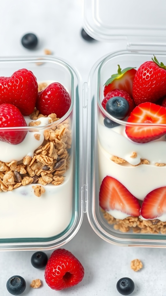 Yogurt parfait with granola and berries in clear containers.