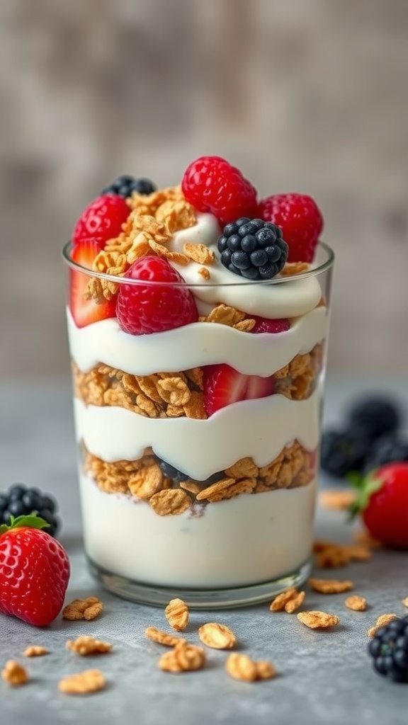 A delicious yogurt parfait featuring layers of yogurt, granola, and mixed berries.