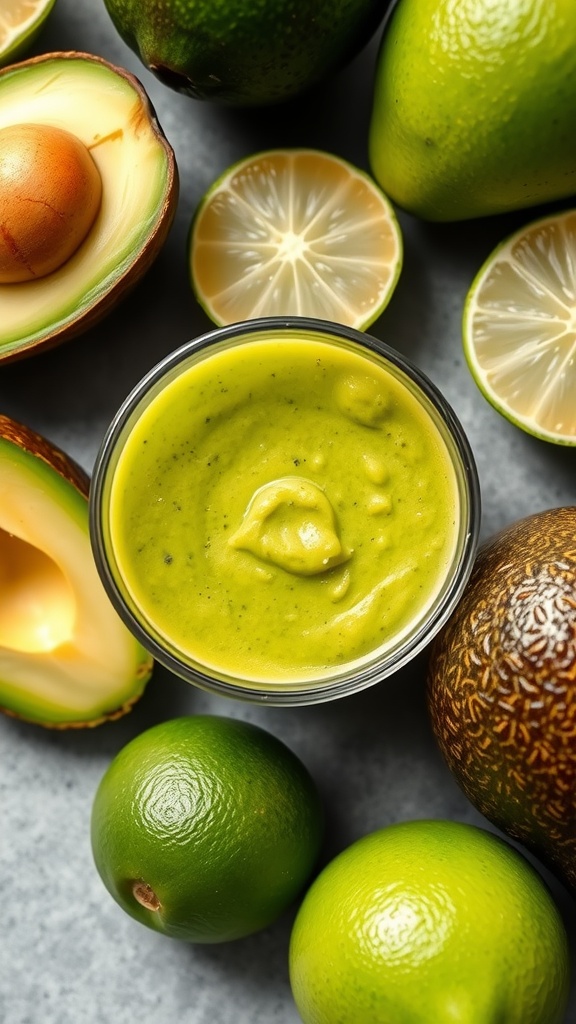 A creamy green dressing made with avocado and lime, surrounded by fresh limes and avocados.
