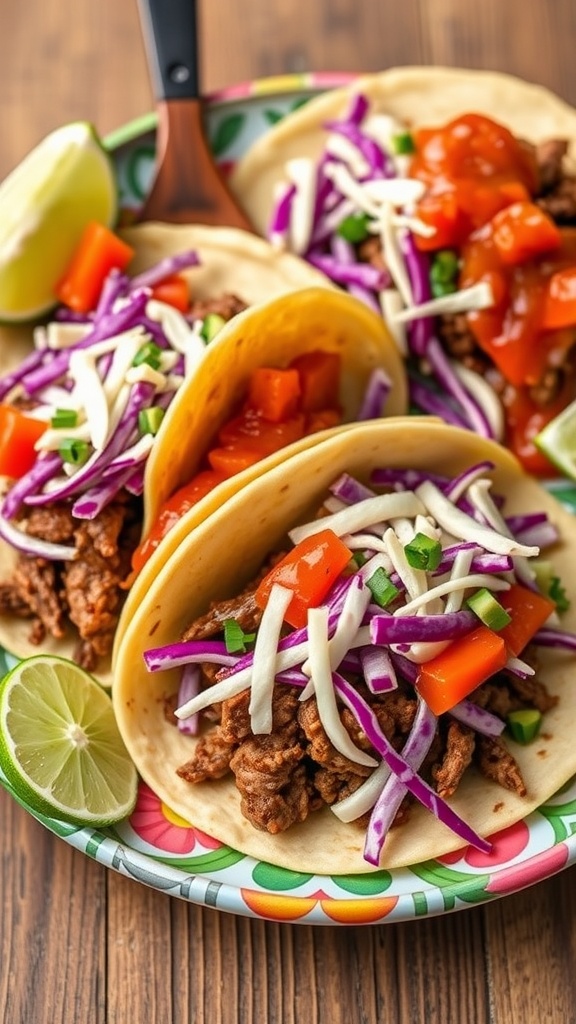 Zesty beef tacos topped with cabbage slaw, diced tomatoes, and green onions, served with lime wedges.