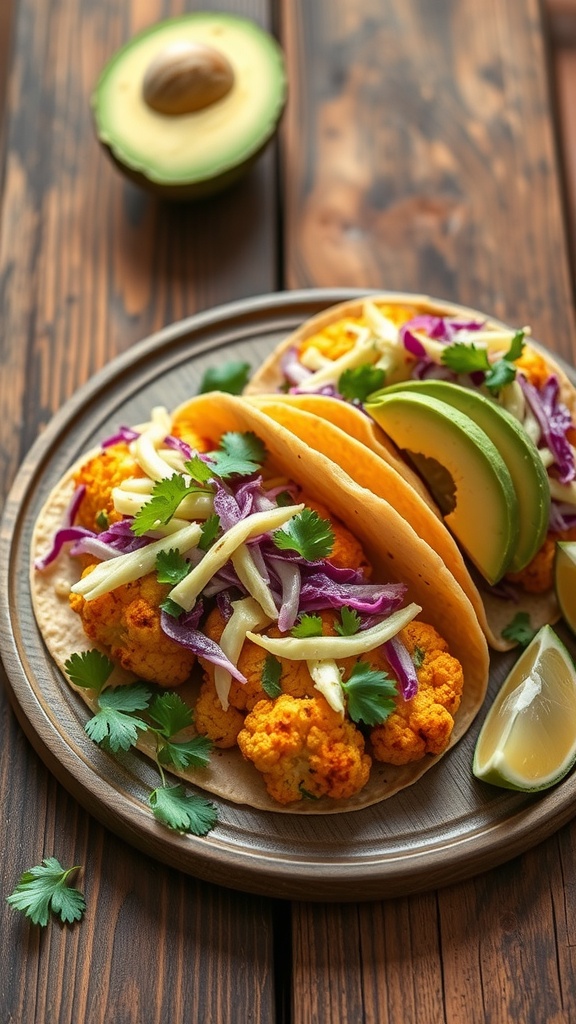 Delicious zesty cauliflower tacos with avocado, red cabbage, and cilantro on a wooden plate