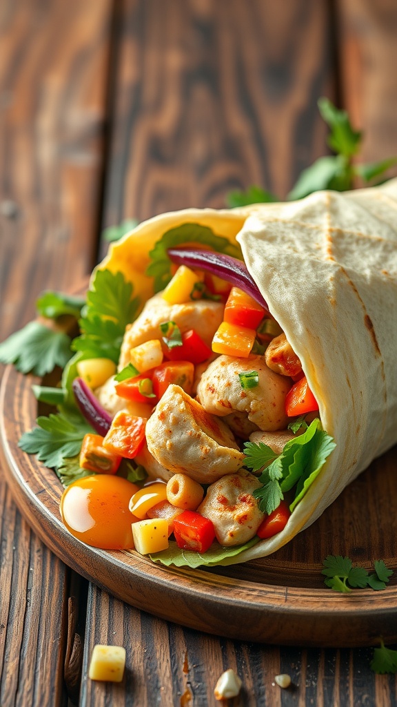 A delicious chicken wrap with colorful veggies wrapped in a tortilla.