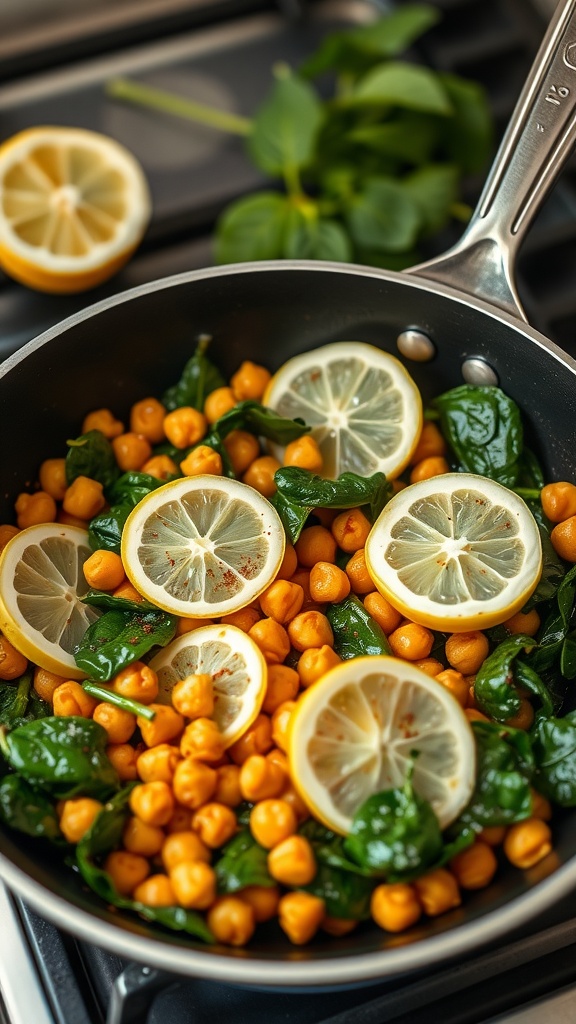 A skillet filled with chickpeas, spinach, and lemon slices.