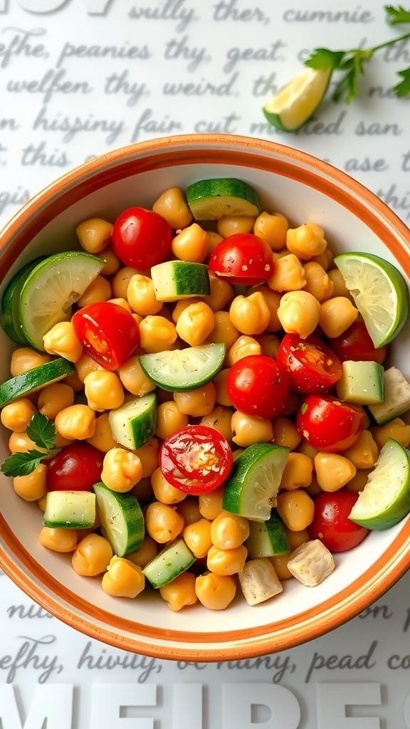 A colorful bowl of zesty chickpea salad with chickpeas, cherry tomatoes, cucumber, and lime.