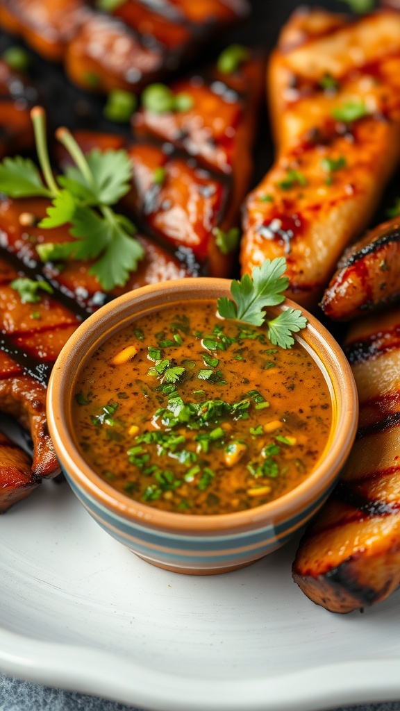 A bowl of zesty chimichurri sauce surrounded by grilled meats.