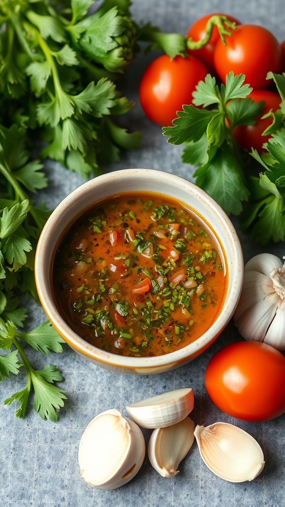 A bowl of chimichurri sauce surrounded by fresh herbs and garlic