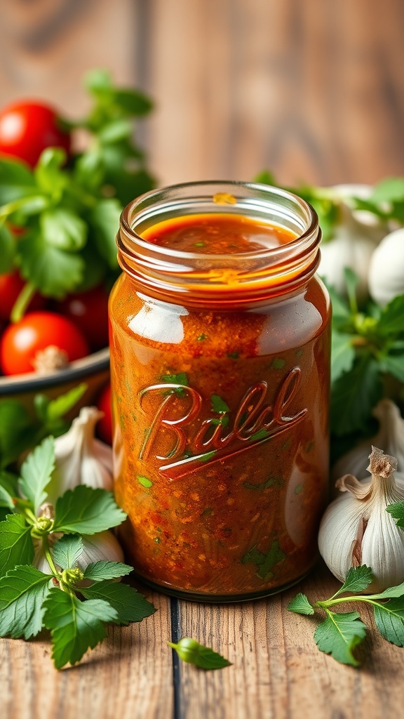 A jar of chimichurri sauce surrounded by fresh herbs and garlic.